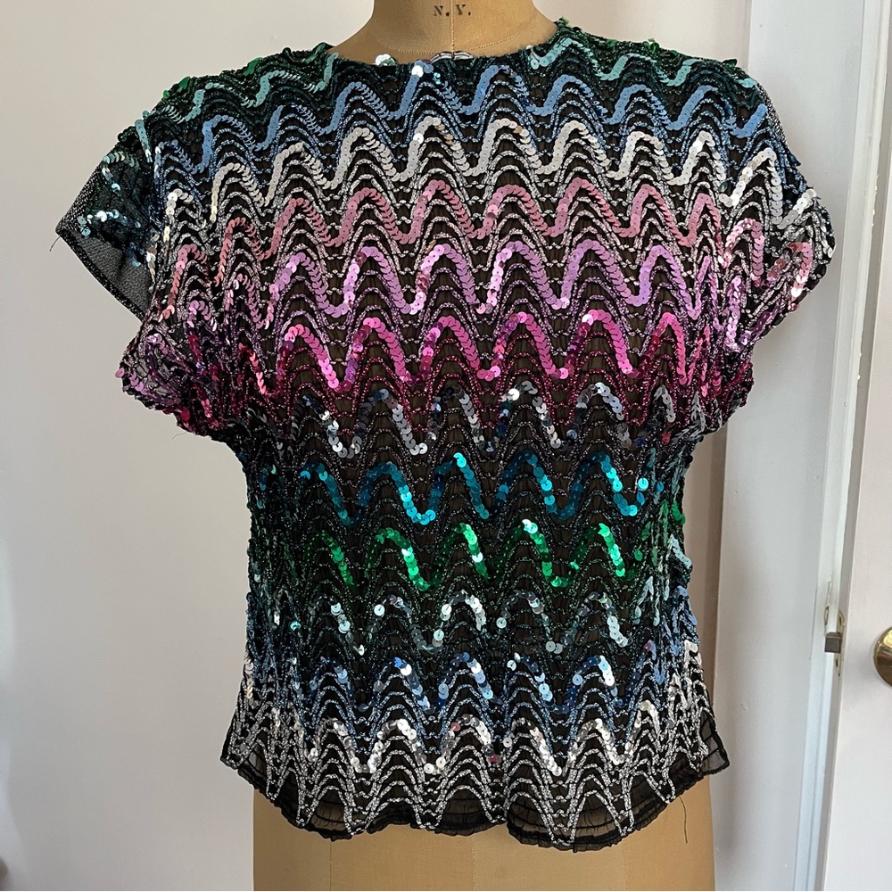 Vintage Pearlite Fashions, Inc. Sheer Metallic and Sequin Short Sleeve Top